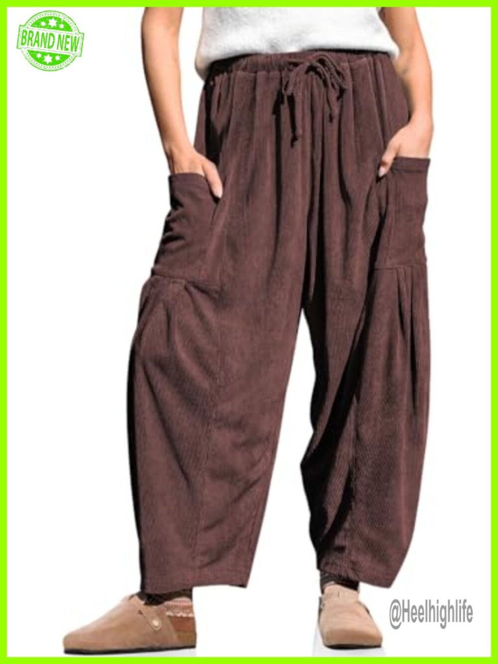 Wide Leg Corduroy Barrel Pants Drawstring Elastic Waist Pockets